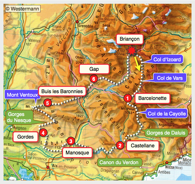 Graphik, Rennrad, Velo, Cyclisme, Tour, Provence-Alpes, französische Alpen, Canyon du Verdon, Mont Ventoux, Izoard, CayolleDrôme , Alpinradler